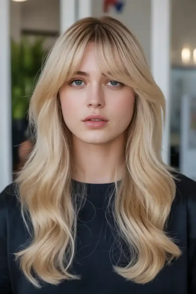 Long Blonde Hair with Curtain Bangs