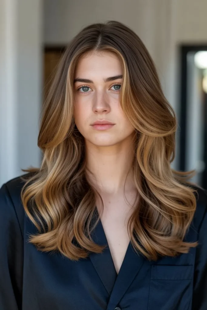 Long Layered Hair With Deep Side Part Waves