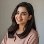 A friendly South Asian woman in her mid-20s, smiling confidently. Soft studio lighting, clean background, casual yet professional outfit, l