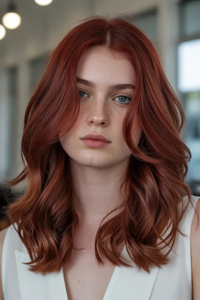 Cherry Red Hair with Sleek Ponytail Style