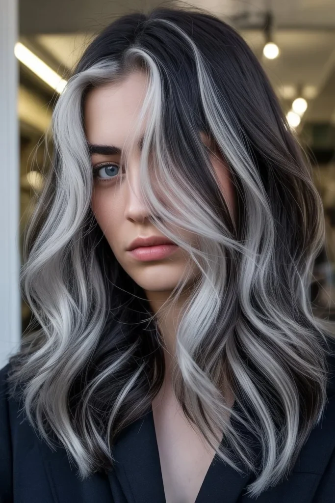 Cool Toned Silver Highlights on Dark Hair