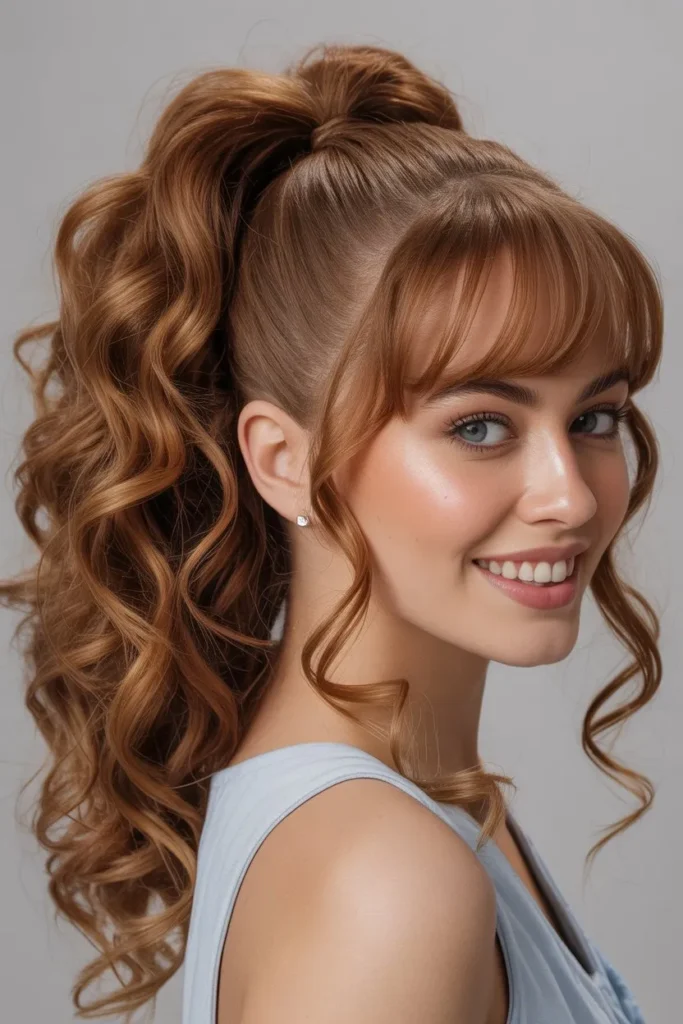 Curly Ponytail with Side Bangs for a Flirty Birthday Look