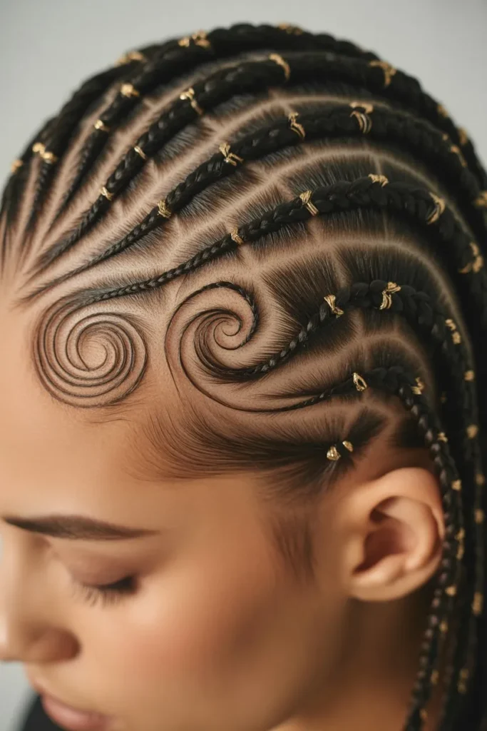Curved Swirl Cornrows With Braided Ends