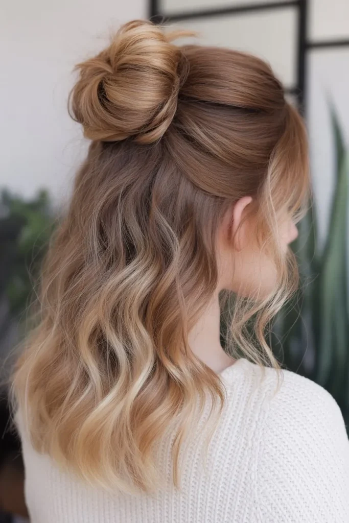 Half Up Bun with Loose Waves for a Trendy Birthday Look