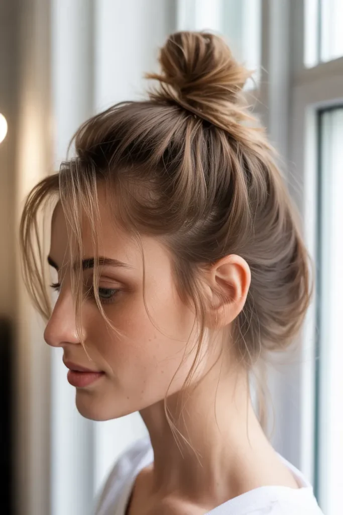 Loose Top Knot With Wispy Ends