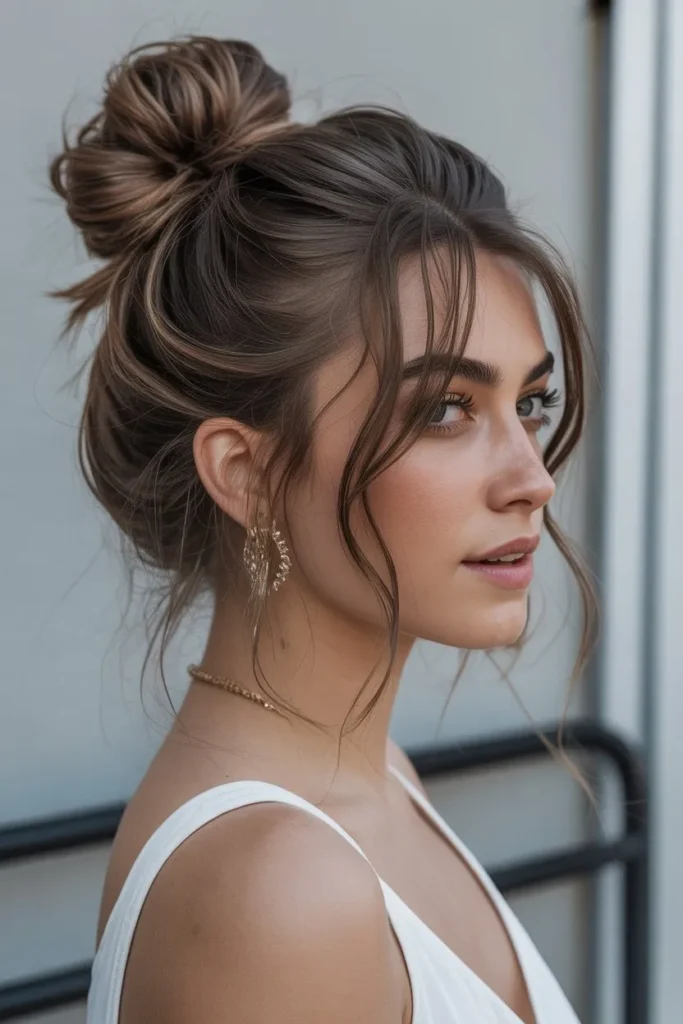Messy Bun with Loose Strands for a Relaxed Birthday Look