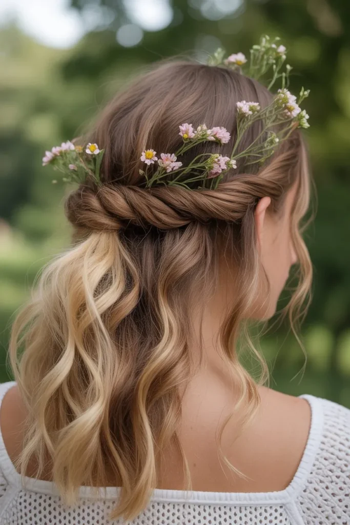 Messy Half Up Twist with Flower Accessories for a Boho Birthday Look