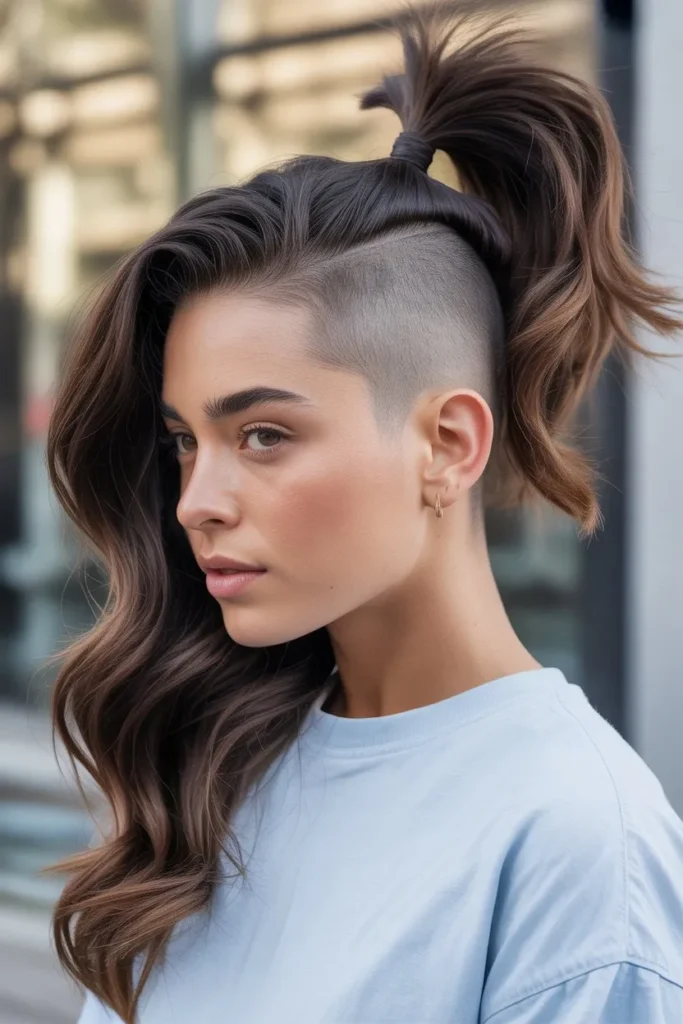 Side Shaved Hairstyle With High Ponytail