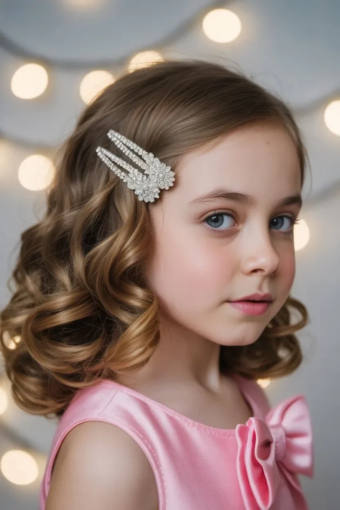 Side Swept Curls with Hair Clips for a Festive Birthday Look