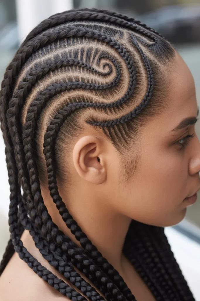 Side Swept Swirl Cornrows Design