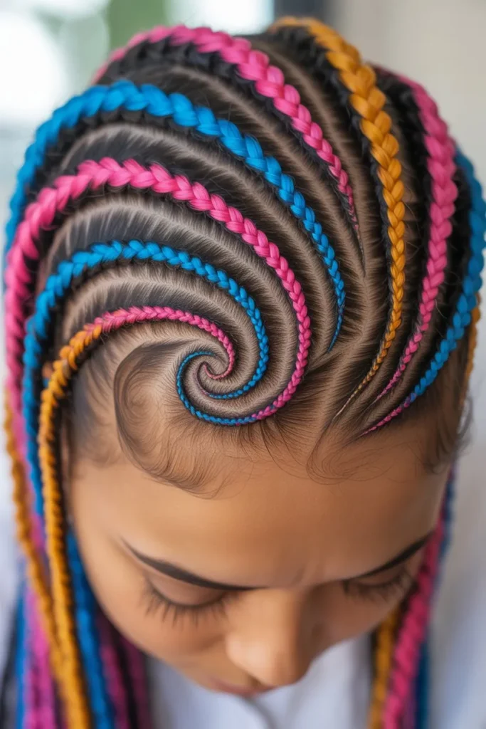 Swirl Cornrows With Colored Extensions