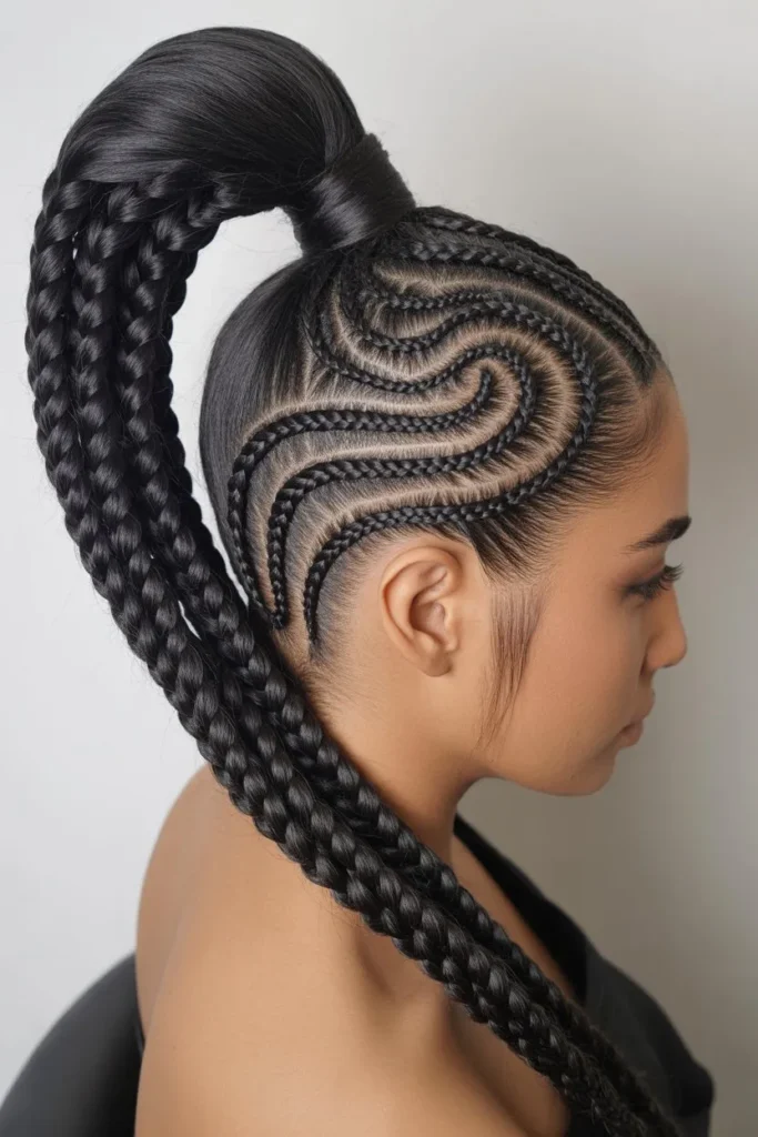 Swirl Cornrows With High Ponytail