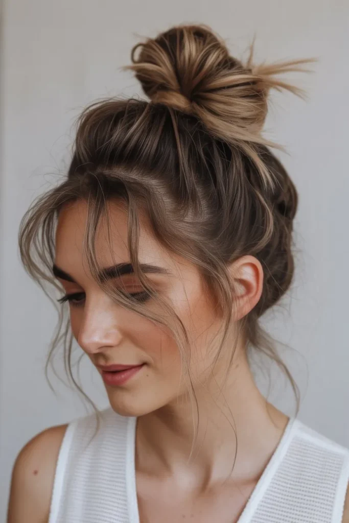 Top Knot with Wispy Strands for a Chic Birthday Look