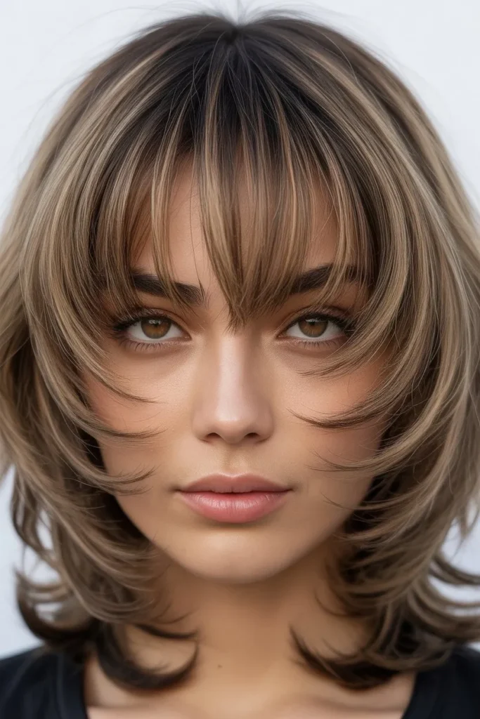 Wolf Cut With Curtain Bangs for Round Face