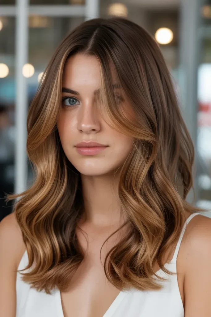 Caramel Highlights on Shoulder Length Brown Hair
