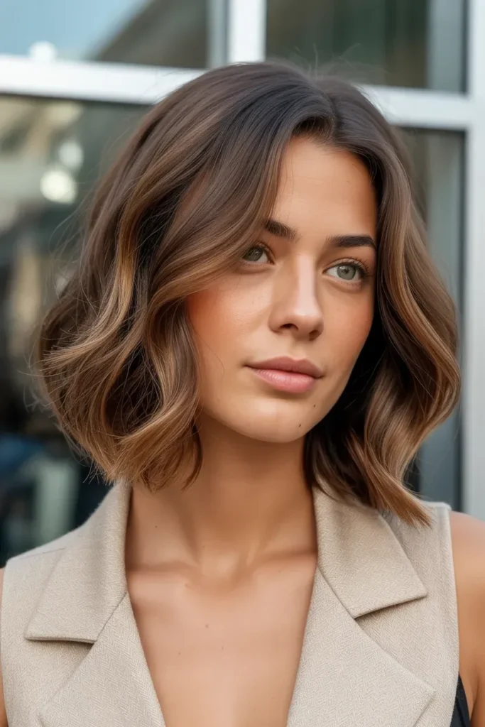 Caramel Highlights on Textured Brown Lob
