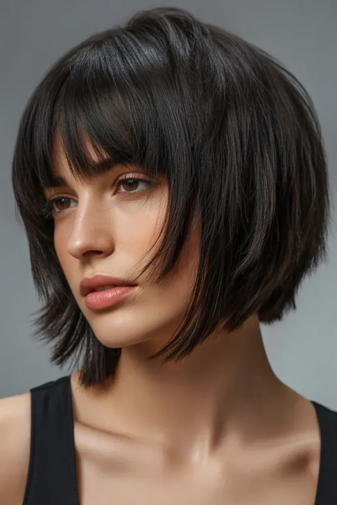 Dark Choppy Bob with Bold Fringe