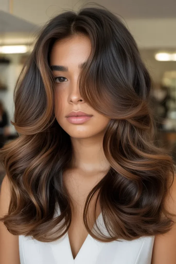 Deep Caramel Highlights on Thick Brown Hair