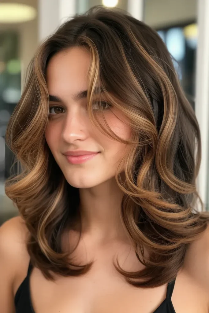 Face Framing Caramel Highlights on Layered Brown Hair