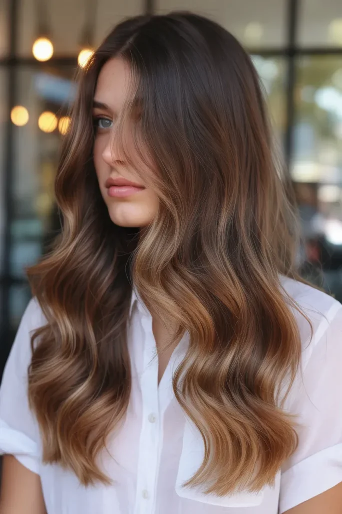 Glossy Caramel Balayage on Long Brown Waves