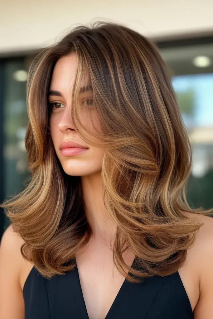 Golden Caramel Highlights on Layered Brown Hair