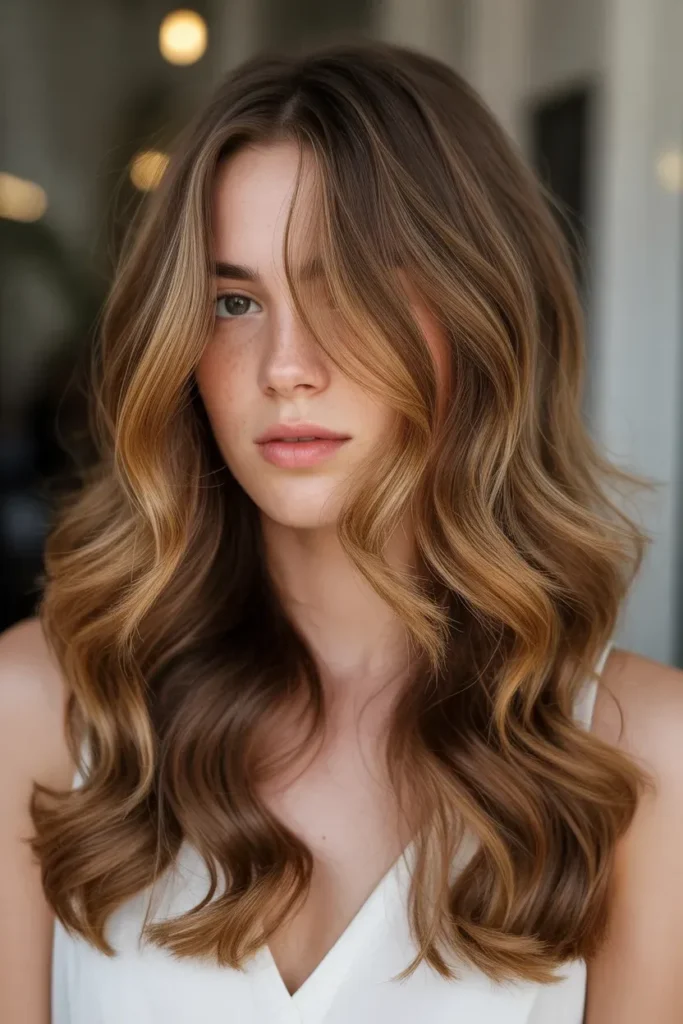Honey Caramel Highlights on Wavy Brown Hair
