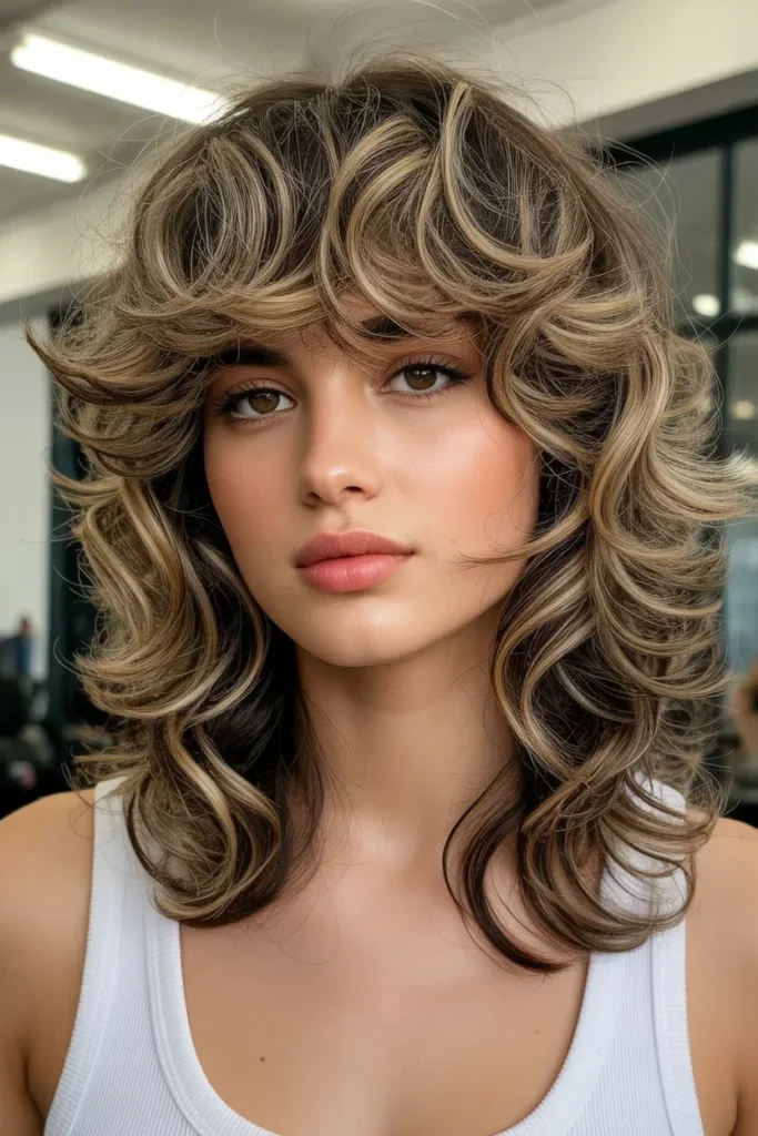 Layered Curly Hair with Curtain Bangs