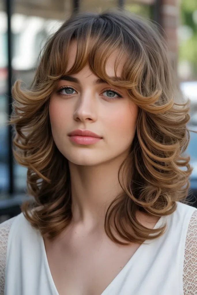 Long Layered Curls with Side Swept Bangs
