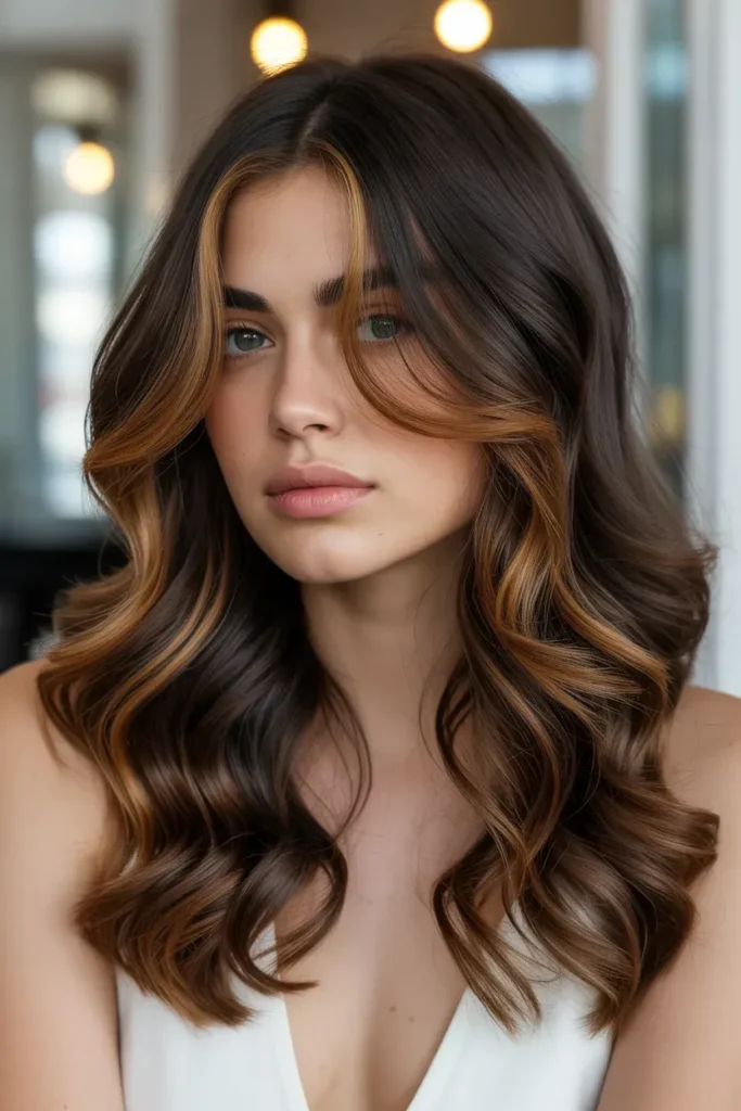 Rich Caramel Highlights on Dark Brown Hair