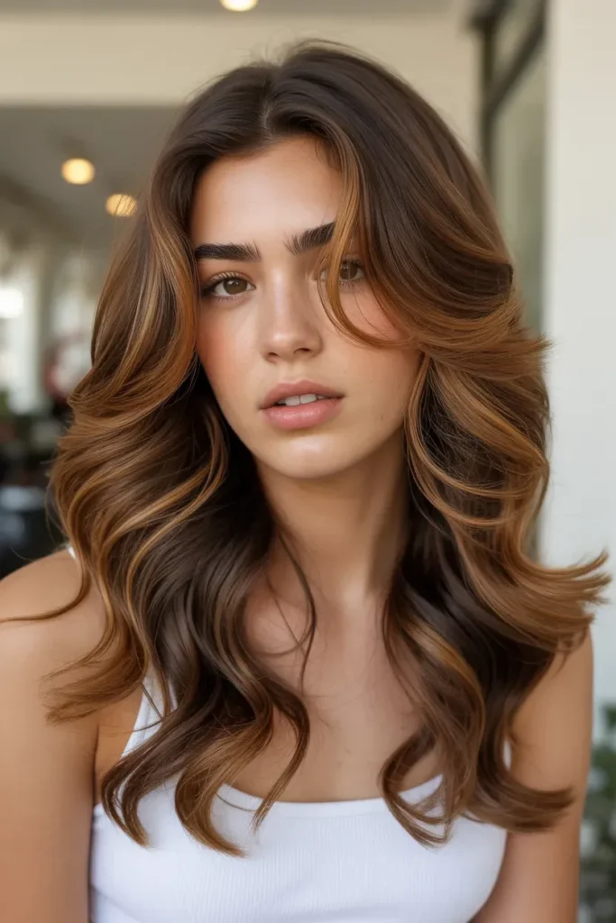 Rich Caramel Highlights on Voluminous Brown Hair