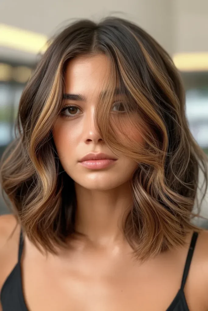 Soft Caramel Highlights on Wavy Brown Lob