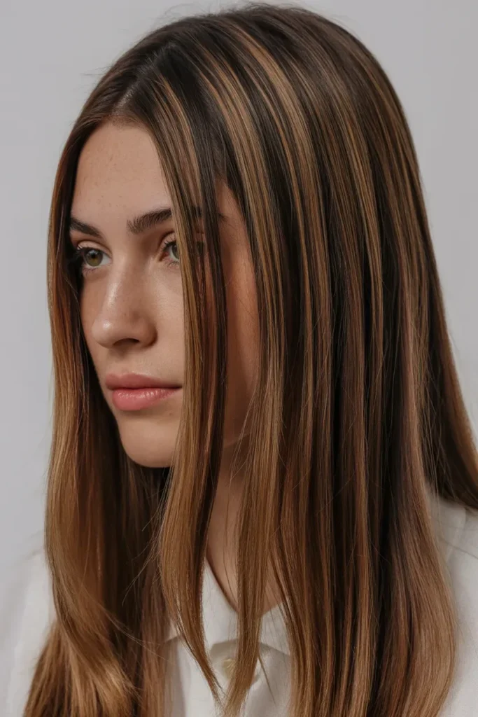 Subtle Caramel Highlights on Sleek Brown Hair