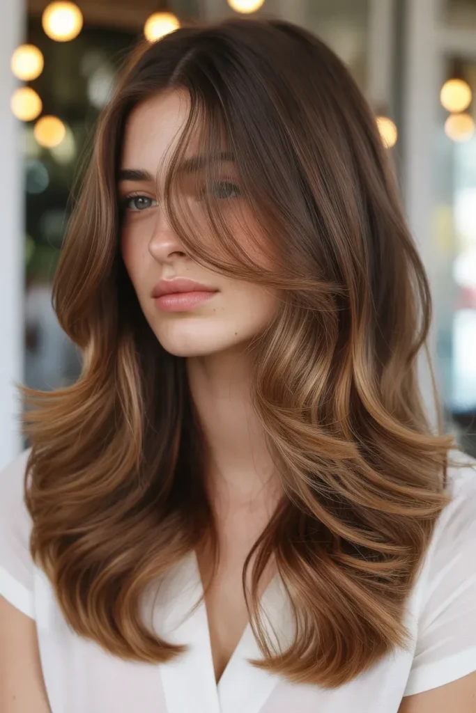 Warm Caramel Highlights on Long Brown Layers