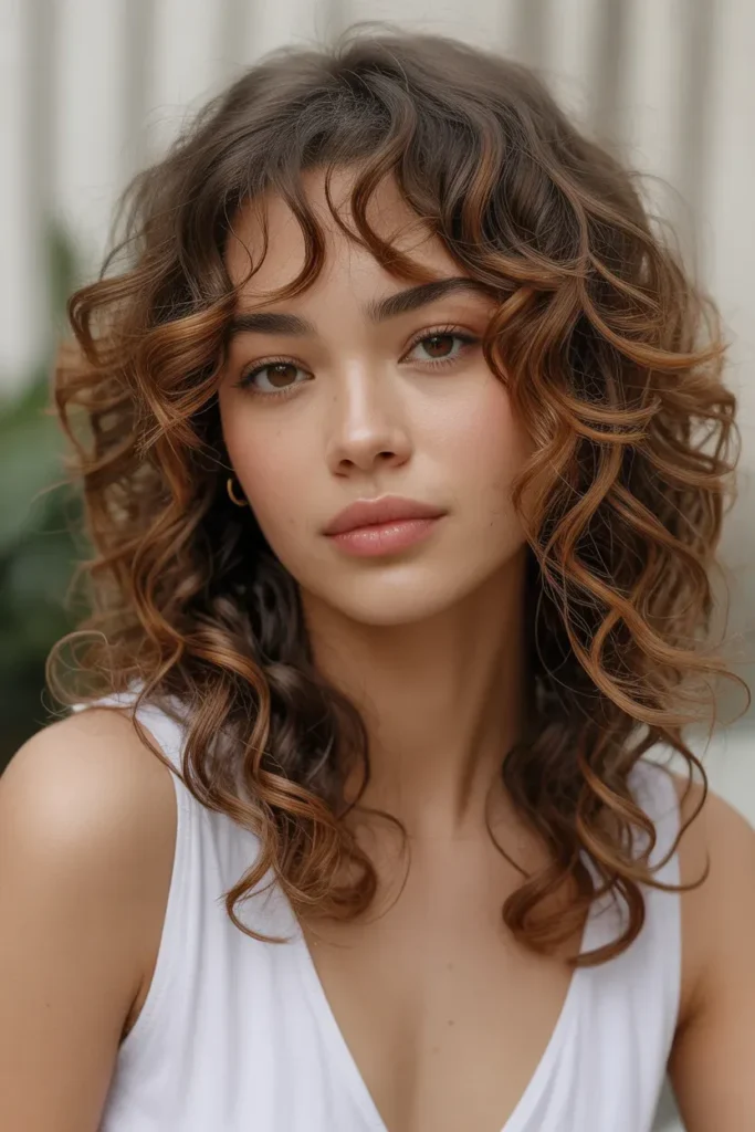 Warm Caramel Highlights on Soft Brown Curls