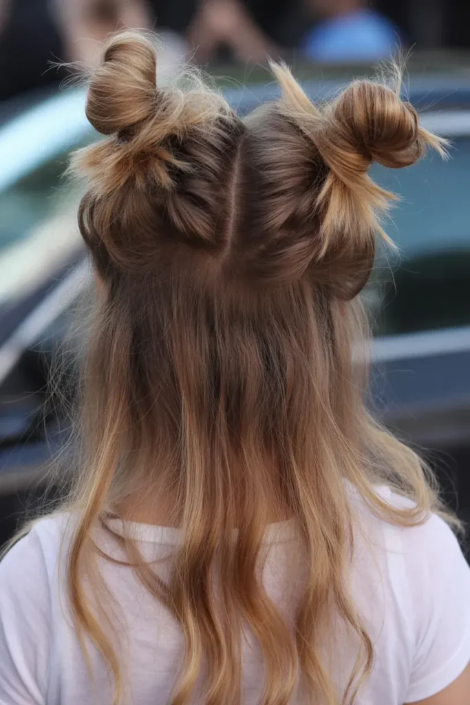 Double Mini Buns with Loose Hair