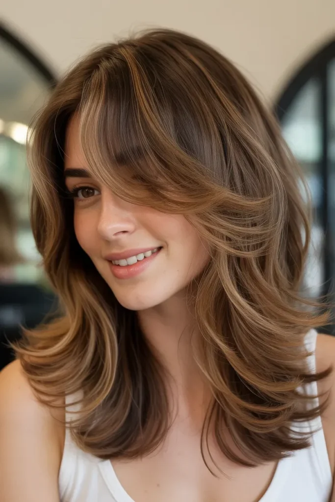Layered Brunette Hair with Honey Toned Highlights