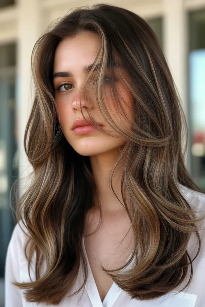 Long Brunette Layers with Sunlit Face Framing