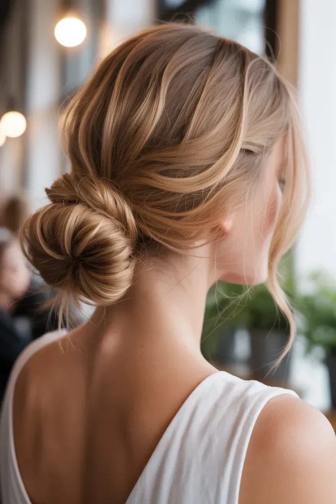 Loose Low Bun with Face Framing Layers