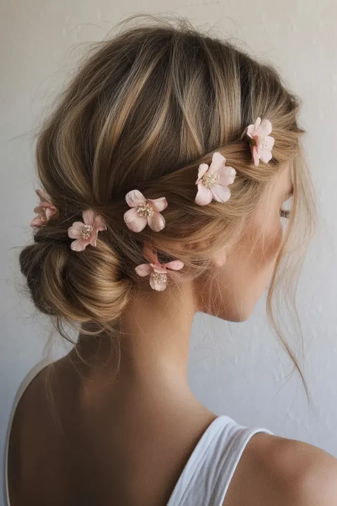  Low Messy Bun with Floral Clips