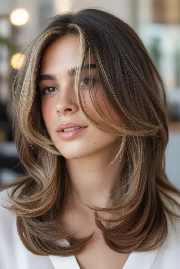 Soft Brunette Layers with Golden Face Glow