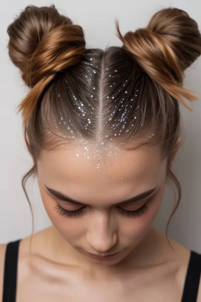  Space Buns with Glitter Parting